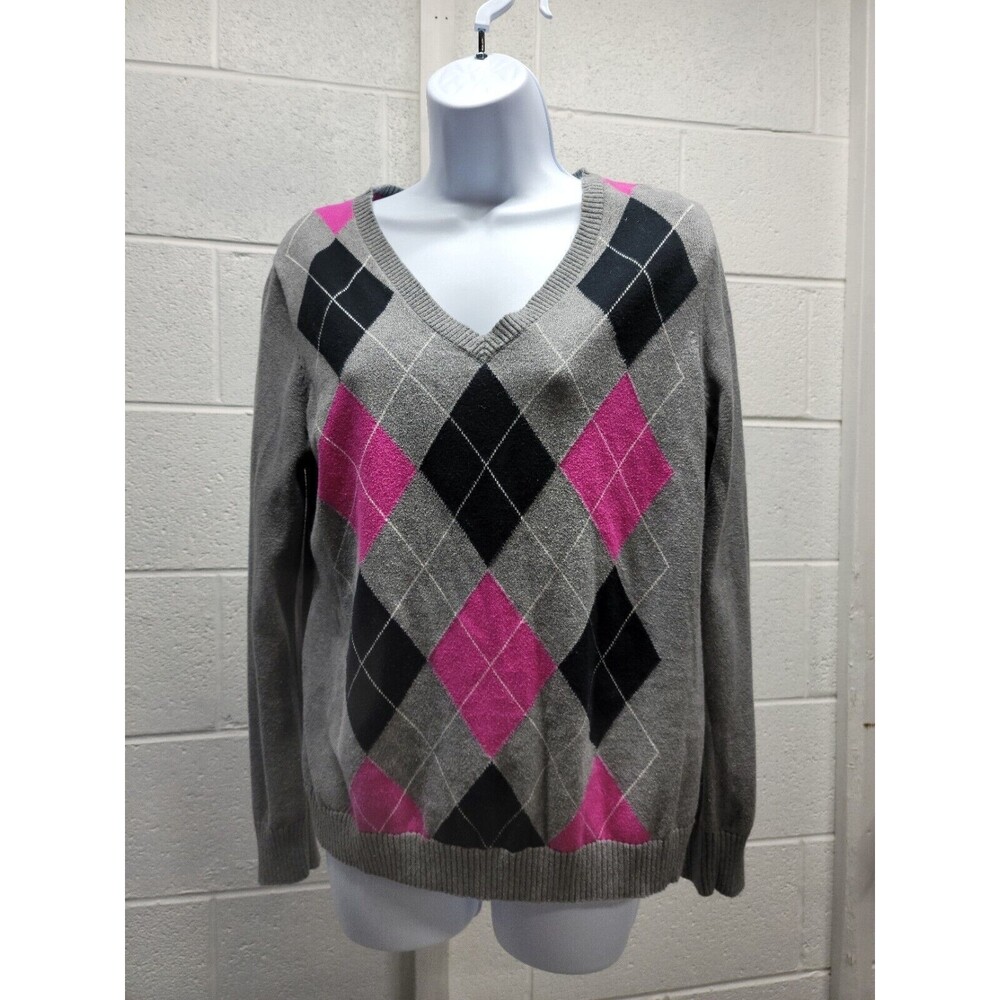 IZOD Womans XL Golf Argile Diamond Sweater V Neck Long Sleeve Gray Pink